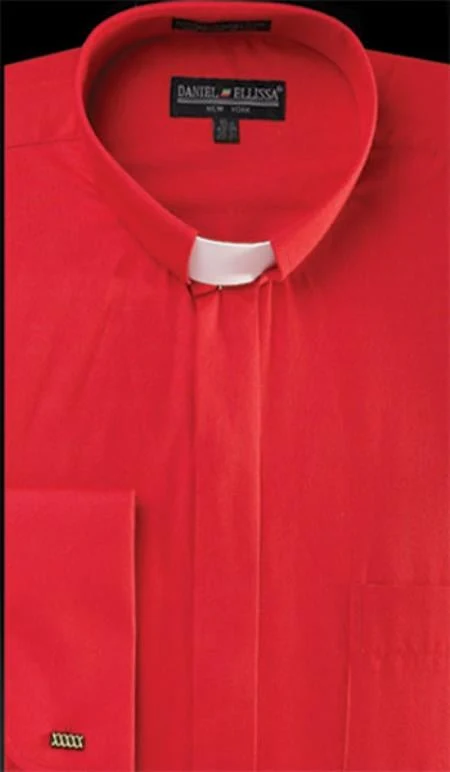 Best Cheap Priced Designer Sale Banded Collar Clergy Preacher Round Style Mandarin Collarless - French Cuff Red Men Dress Shirt