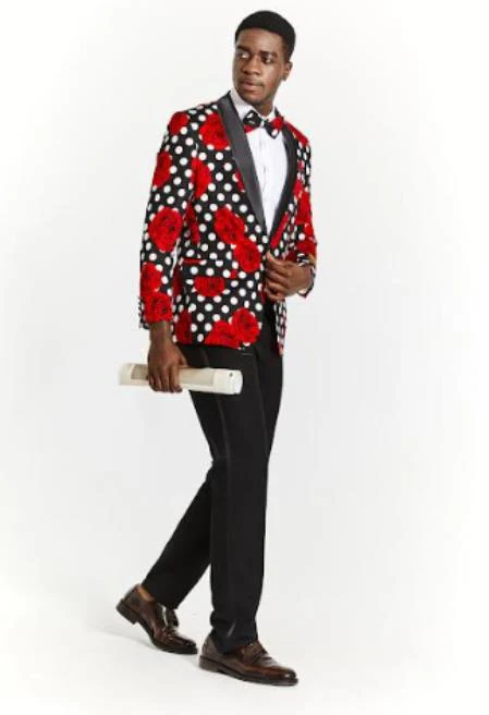 Big And Tall Tuxedo Paisley Tuxedo Sparkling Blazer - Black and Red Floral Sport Coat