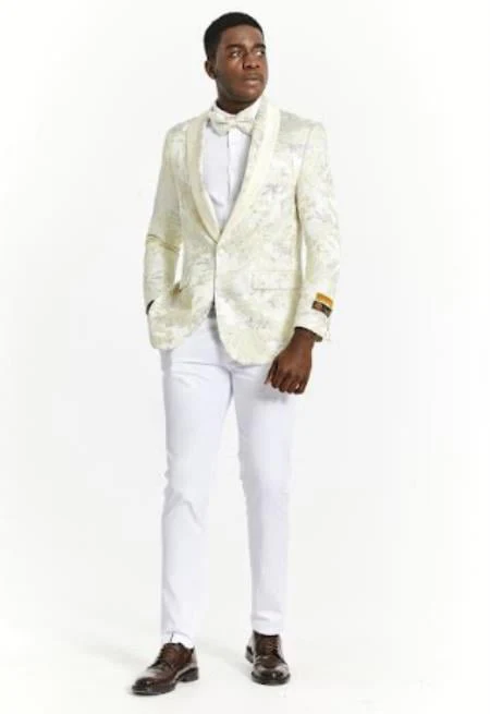 Big And Tall Tuxedo Paisley Tuxedo Sparkling Blazer - Ivory Floral Sport Coat