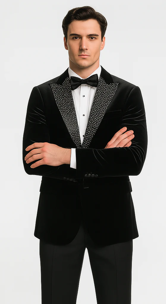 Big and Tall Velvet Blazer in Color Black - Sportcoat Rhinestone sequin-Embedded Stacy Adams