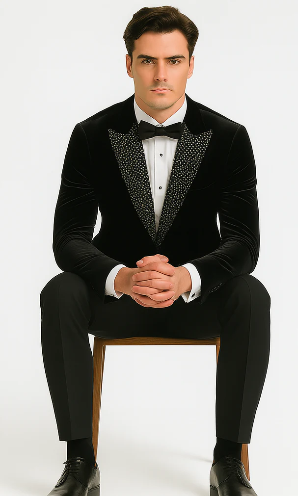 Big and Tall Velvet Blazer in Color Black - Sportcoat Rhinestone sequin-Embedded Stacy Adams - Image 3