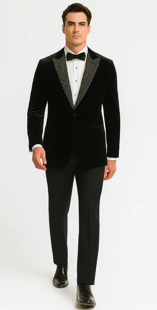 Big and Tall Velvet Blazer in Color Black - Sportcoat Rhinestone sequin-Embedded Stacy Adams - Image 4