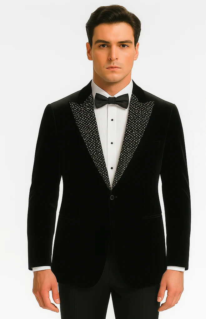 Big and Tall Velvet Blazer in Color Black - Sportcoat Rhinestone sequin-Embedded Stacy Adams - Image 5