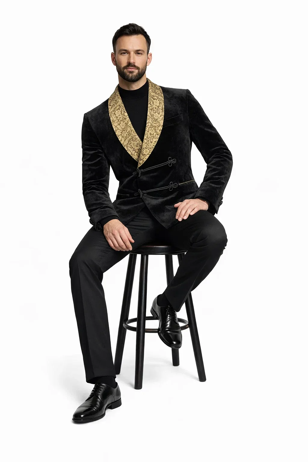 Black and Gold Velvet Smoking Jacket - Mens Black Blazer - Image 3