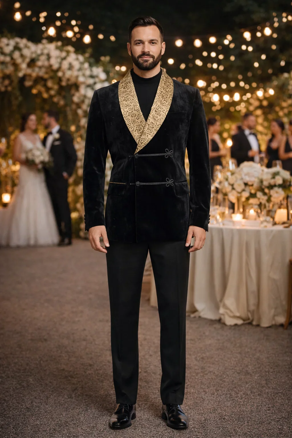 Black and Gold Velvet Smoking Jacket - Mens Black Blazer - Image 5