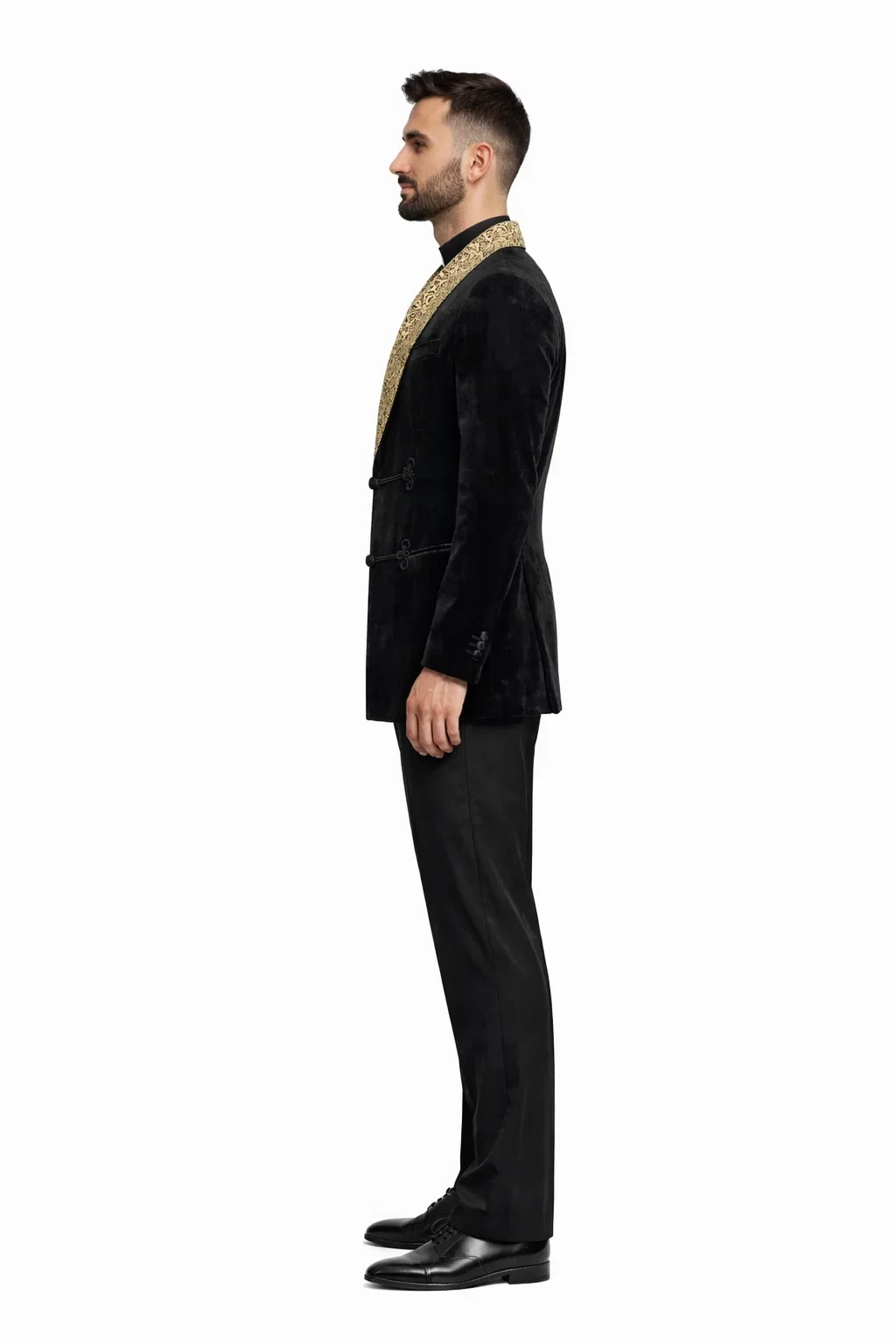 Black and Gold Velvet Smoking Jacket - Mens Black Blazer - Image 6