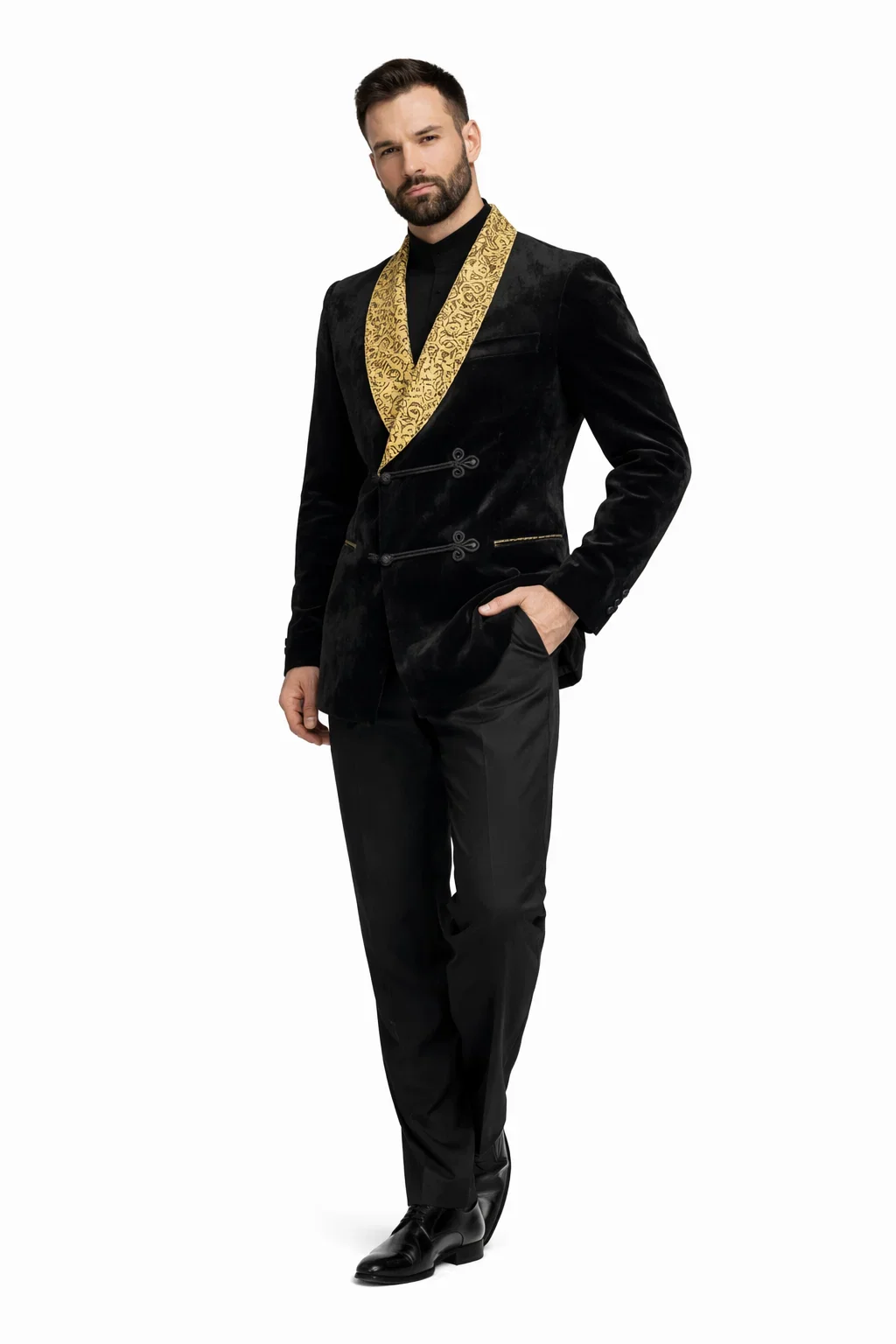 Black and Gold Velvet Smoking Jacket - Mens Black Blazer - Image 7