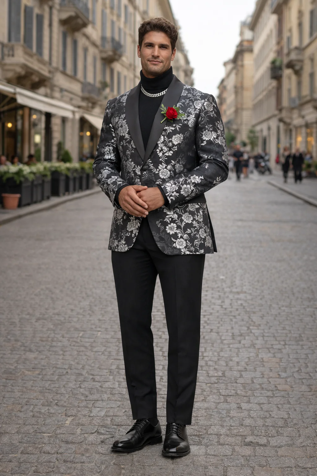 Black And Silver Blazer - Paisley Black And White Tuxedo With Matching Bowtie - Image 5
