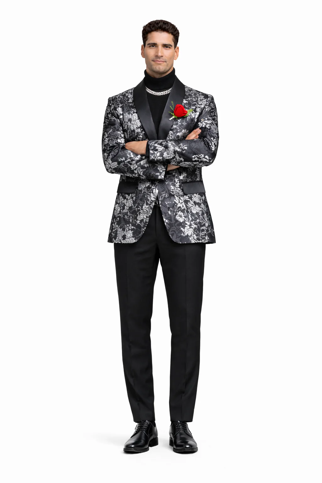 Black And Silver Blazer - Paisley Black And White Tuxedo With Matching Bowtie - Image 6