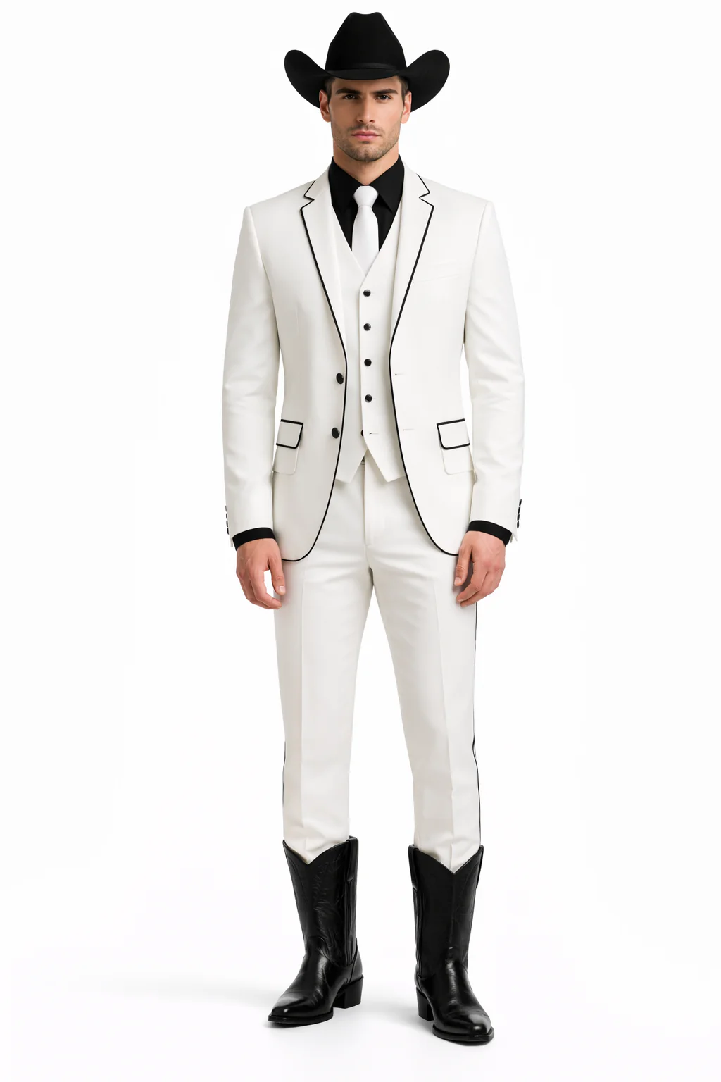 Black Lapel Two Toned Men'S 2 Buttons 3 Piece Church Suit White Tuxedo With Black Trim - Three Piece Suit