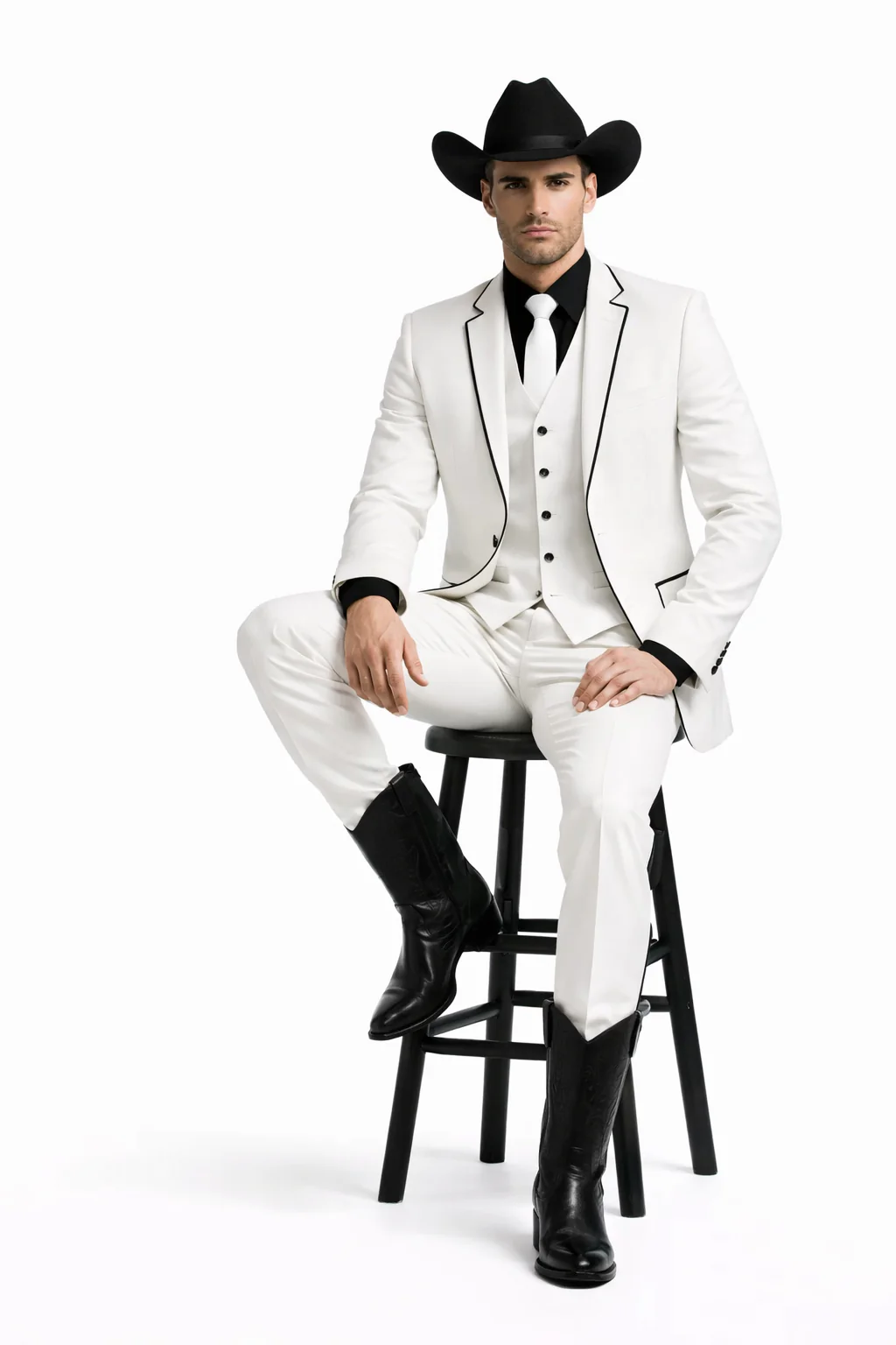 Black Lapel Two Toned Men'S 2 Buttons 3 Piece Church Suit White Tuxedo With Black Trim - Three Piece Suit - Image 4