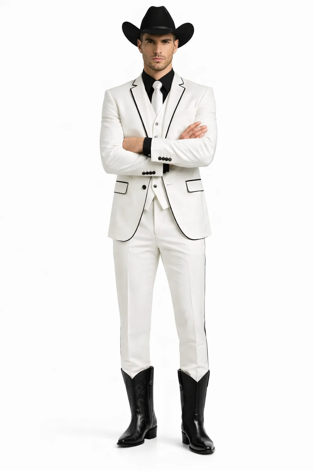 Black Lapel Two Toned Men'S 2 Buttons 3 Piece Church Suit White Tuxedo With Black Trim - Three Piece Suit - Image 5