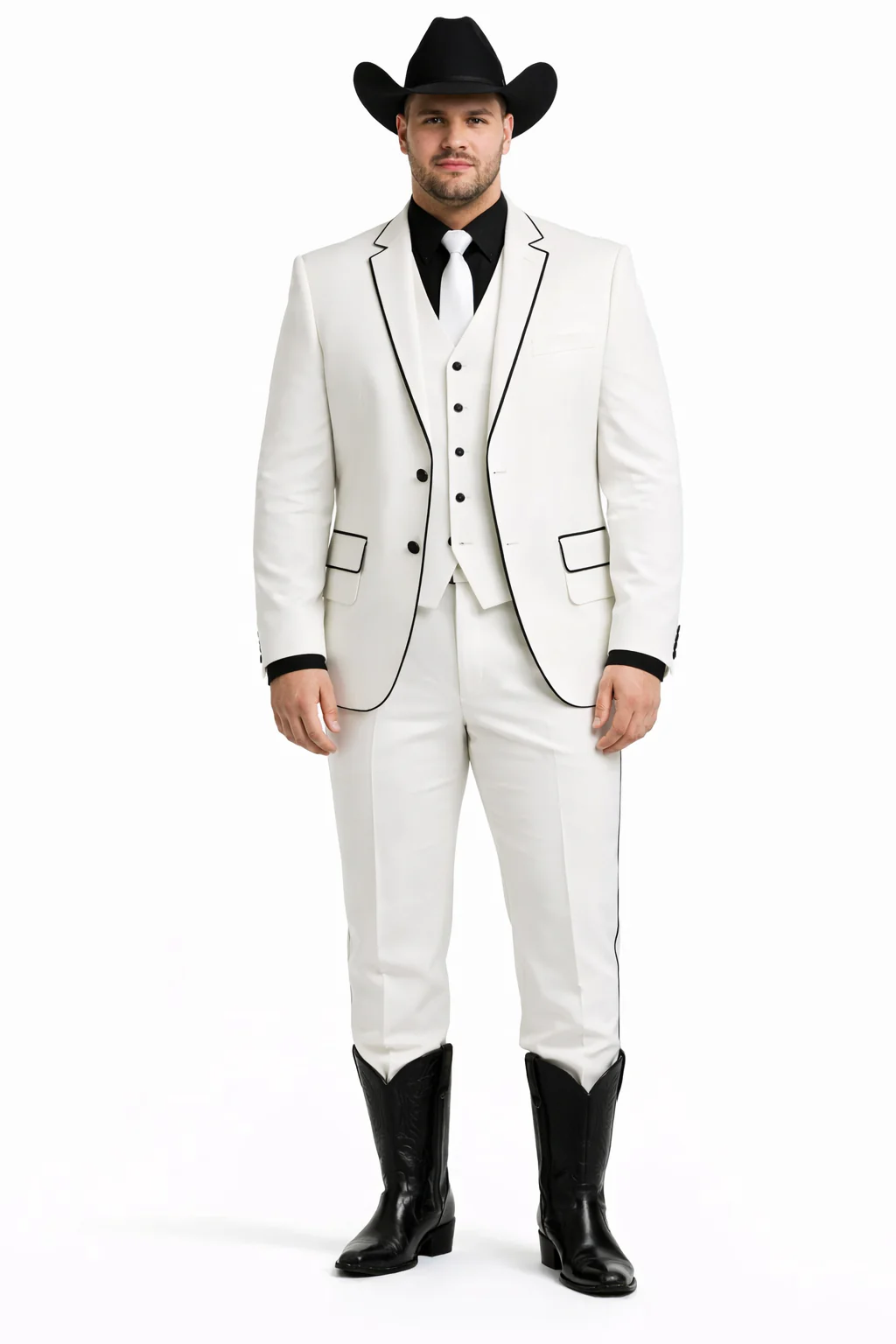 Black Lapel Two Toned Men'S 2 Buttons 3 Piece Church Suit White Tuxedo With Black Trim - Three Piece Suit - Image 7