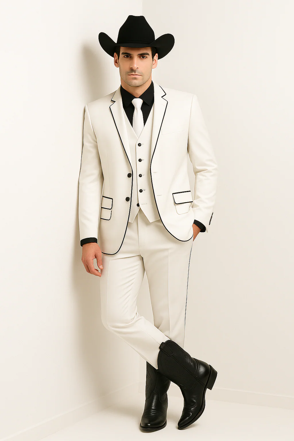 Black Lapel Two Toned Men'S 2 Buttons 3 Piece Church Suit White Tuxedo With Black Trim - Three Piece Suit - Image 9