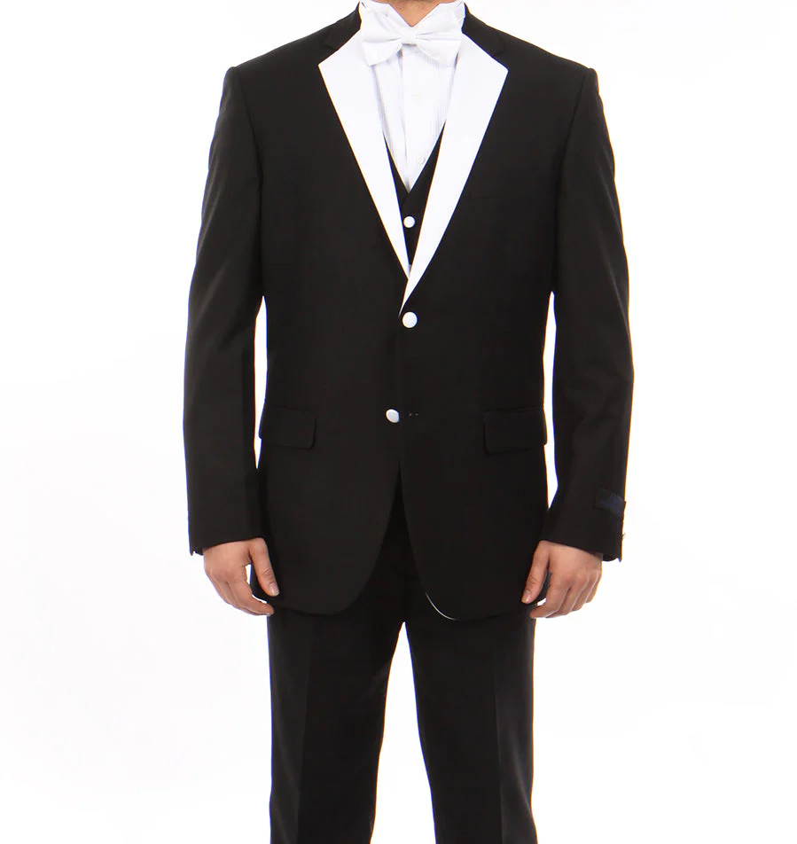 Black Modern Fit Tuxedo 3 Piece with White Lapel 6 Button Vest - Image 2