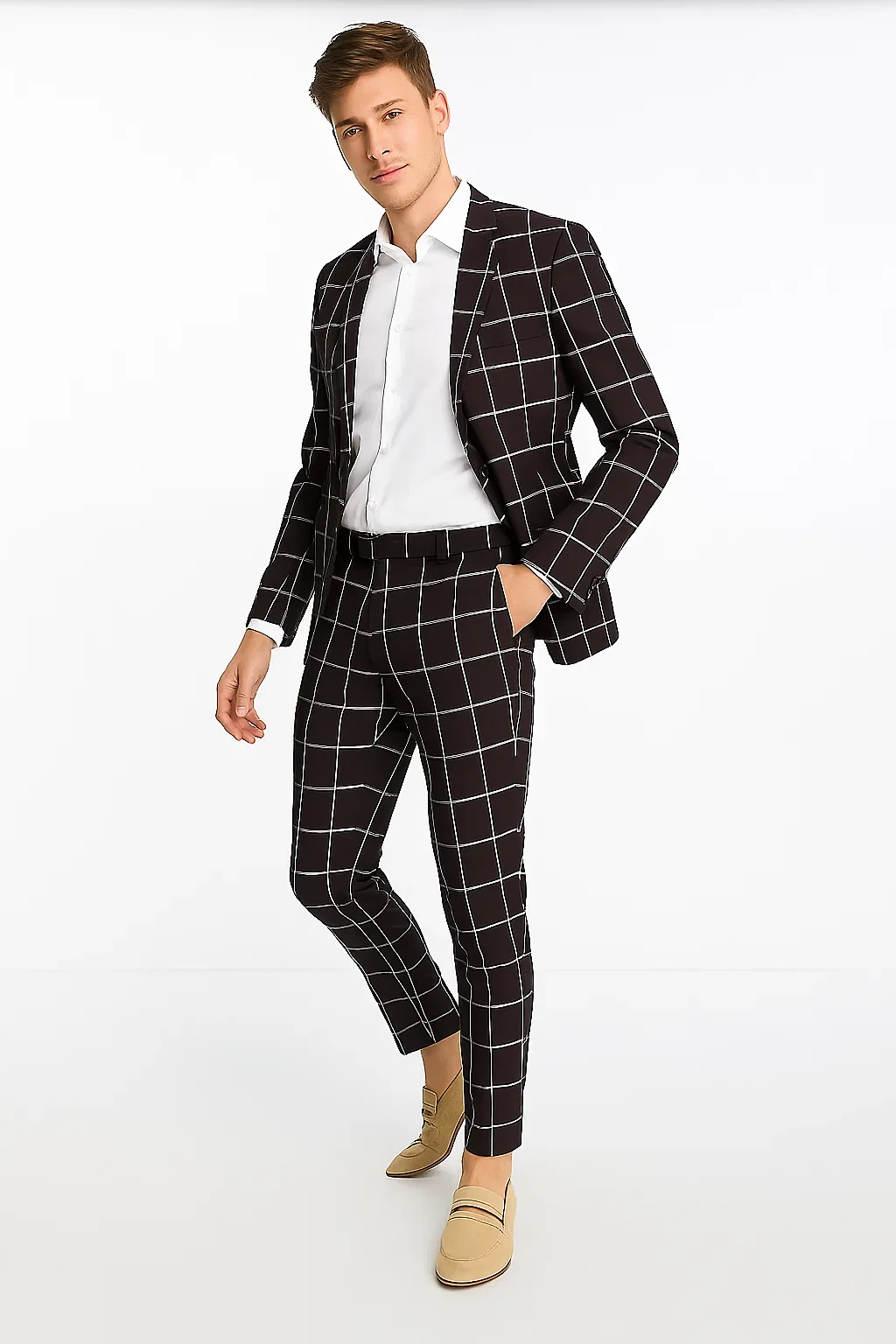 Black Plaid Suit - Black and Bold White Windowpane Suit - 2 Button Suit - Image 6