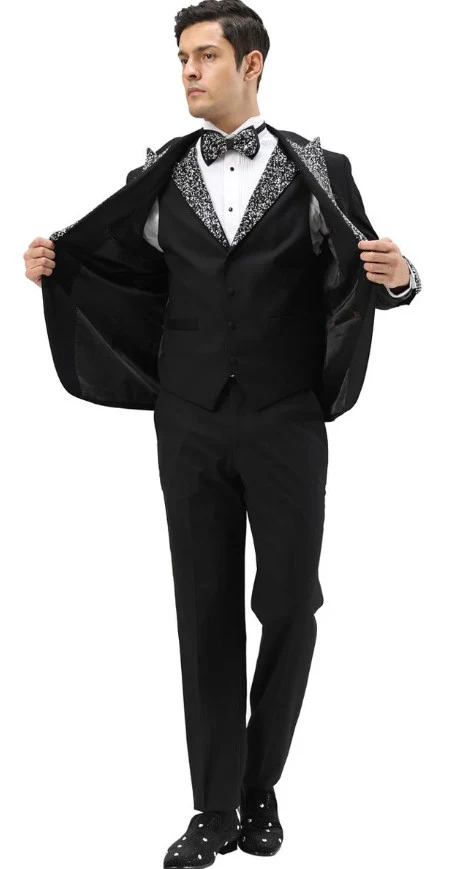 Black Prom Tuxedo - Perfect Wedding Suit Vested Rhinestone sequin Lapelled - Image 3