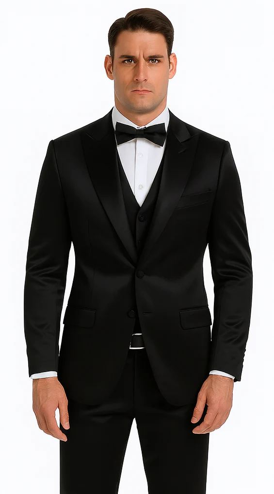 Black Satin Shiny Metallic Flashy with Sheen 3 Piece Skinny Fit Tazzio Men's Suit with Peak Lapel Jacket