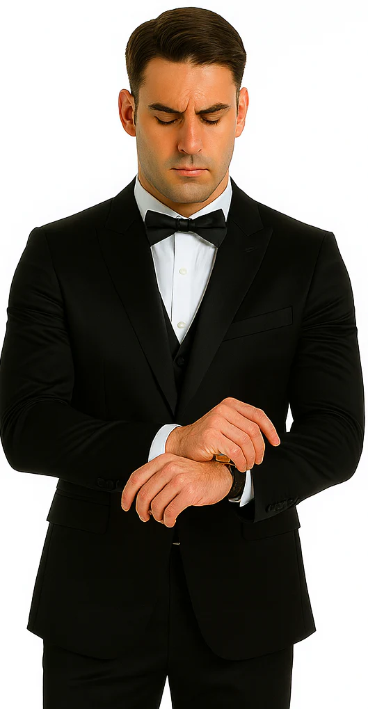 Black Satin Shiny Metallic Flashy with Sheen 3 Piece Skinny Fit Tazzio Men's Suit with Peak Lapel Jacket - Image 2