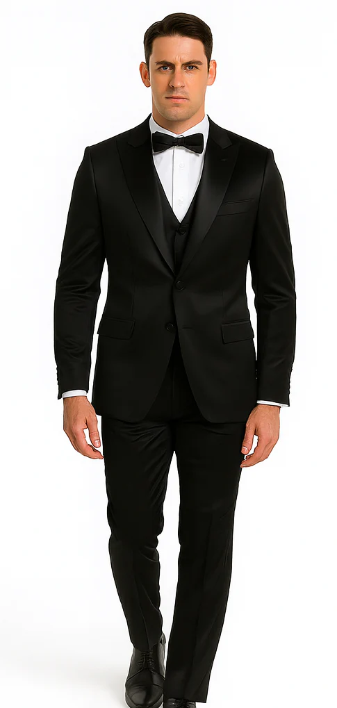 Black Satin Shiny Metallic Flashy with Sheen 3 Piece Skinny Fit Tazzio Men's Suit with Peak Lapel Jacket - Image 5