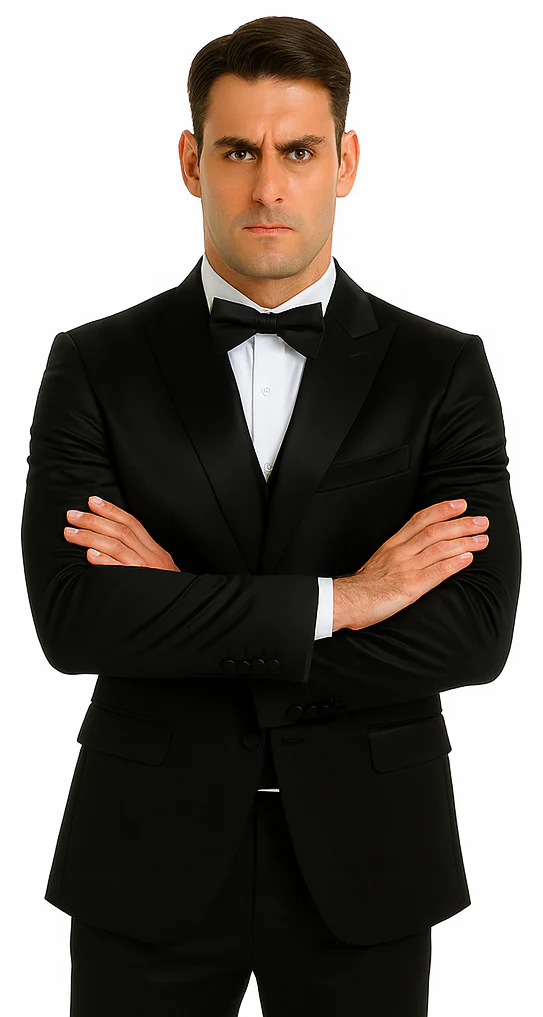 Black Satin Shiny Metallic Flashy with Sheen 3 Piece Skinny Fit Tazzio Men's Suit with Peak Lapel Jacket - Image 6