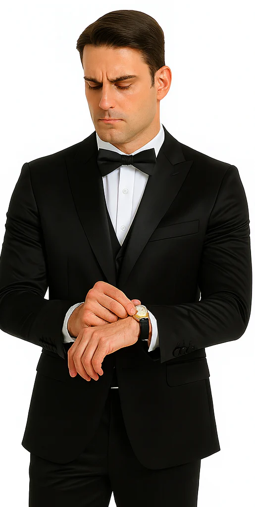 Black Satin Shiny Metallic Flashy with Sheen 3 Piece Skinny Fit Tazzio Men's Suit with Peak Lapel Jacket - Image 7