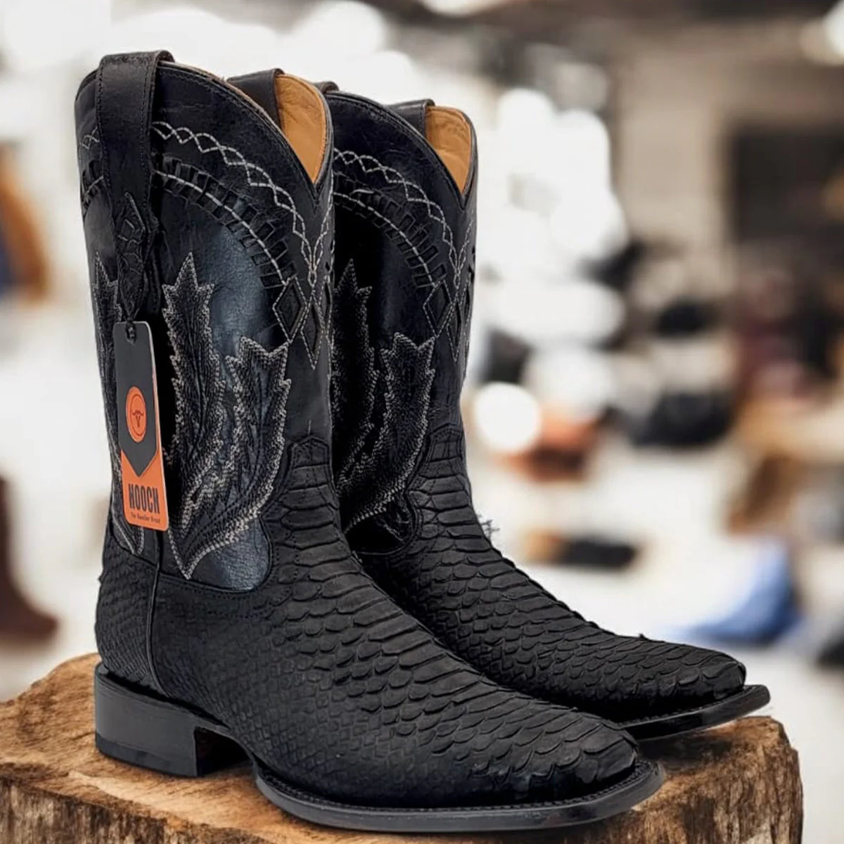 Black Snake Print Boots Square Toe by Hooch Boots