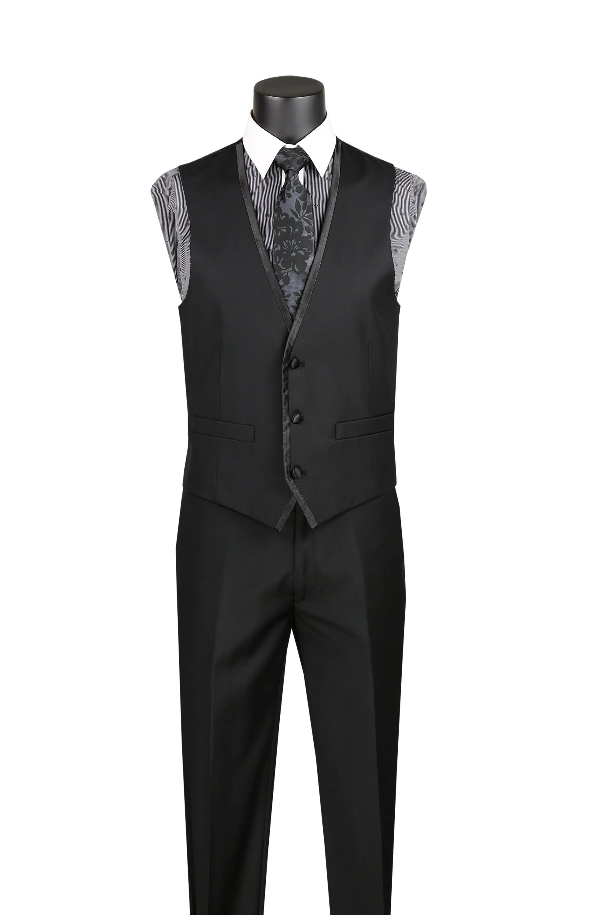 Black Trimmed Lapel Slim Fit 3 Piece Suit - Image 2