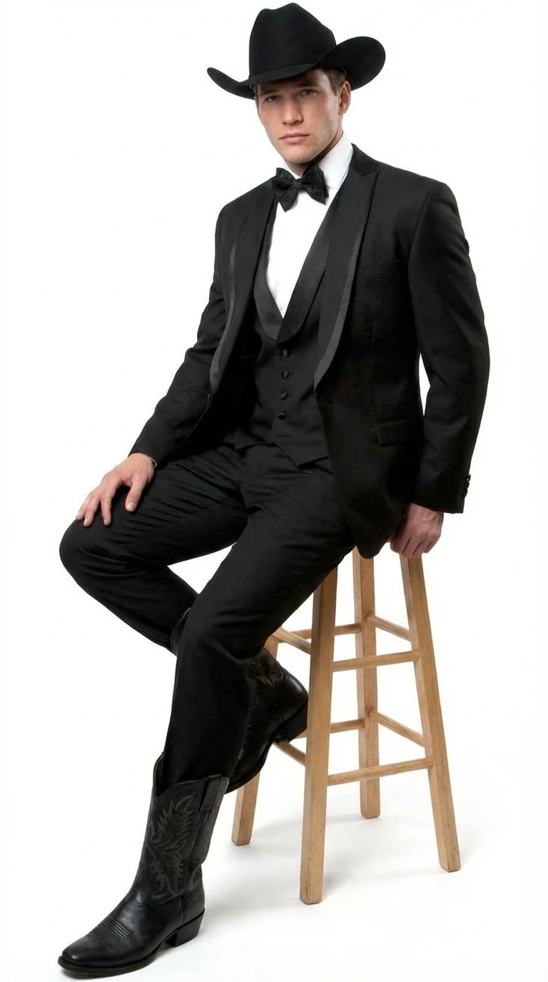 Black Western Tuxedo for Men | Classic Three Piece Formal Wedding Peak Lapel with Trim Collar Cowboy Suit - Image 4