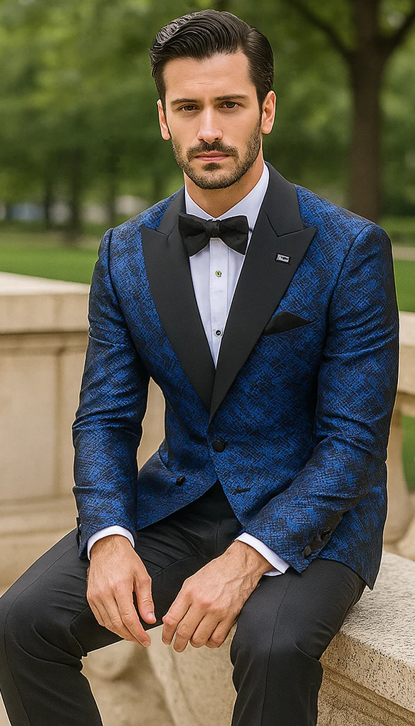 Blue Double Breasted Rough Streak Pattern Satin Peak Lapel Stacy Adams Men's Jacket - Image 3