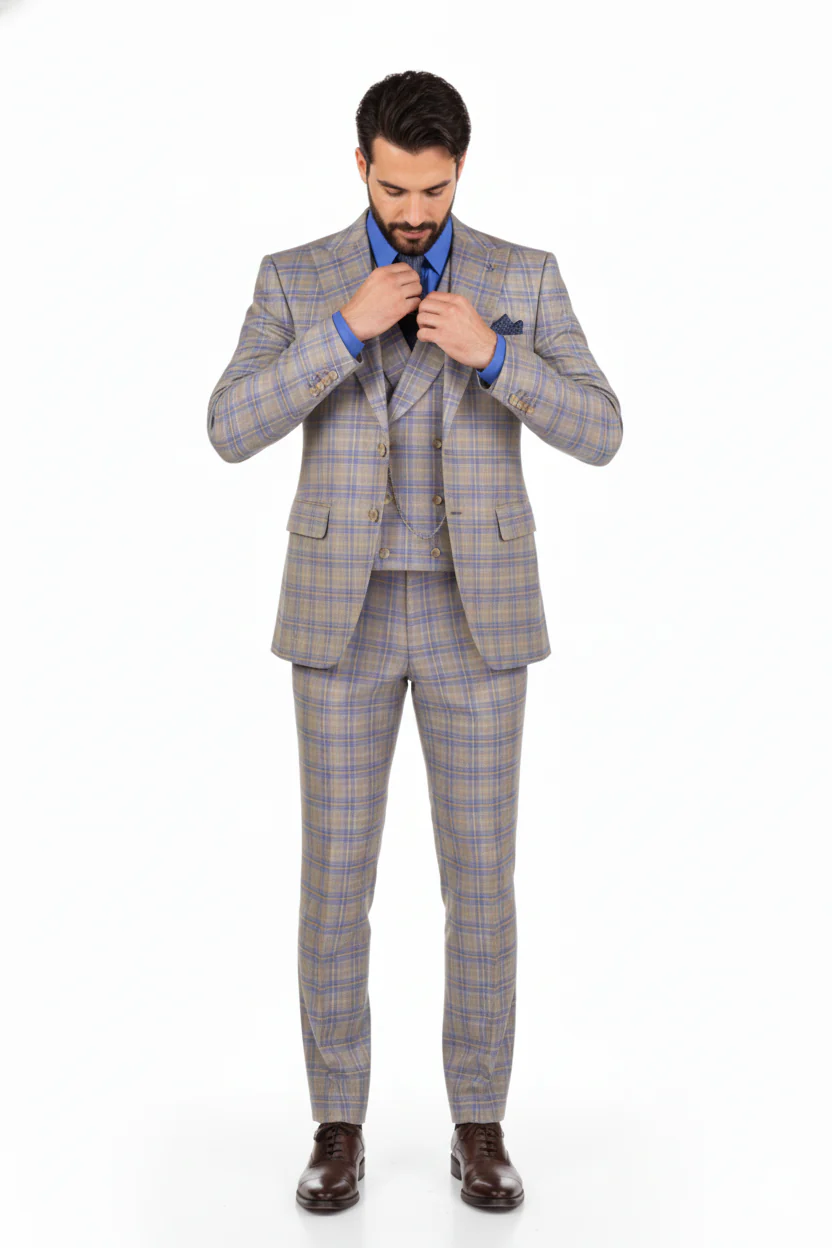 Blue Modern Fit Windowpane Peak Lapel 3 Piece Suit - Image 5