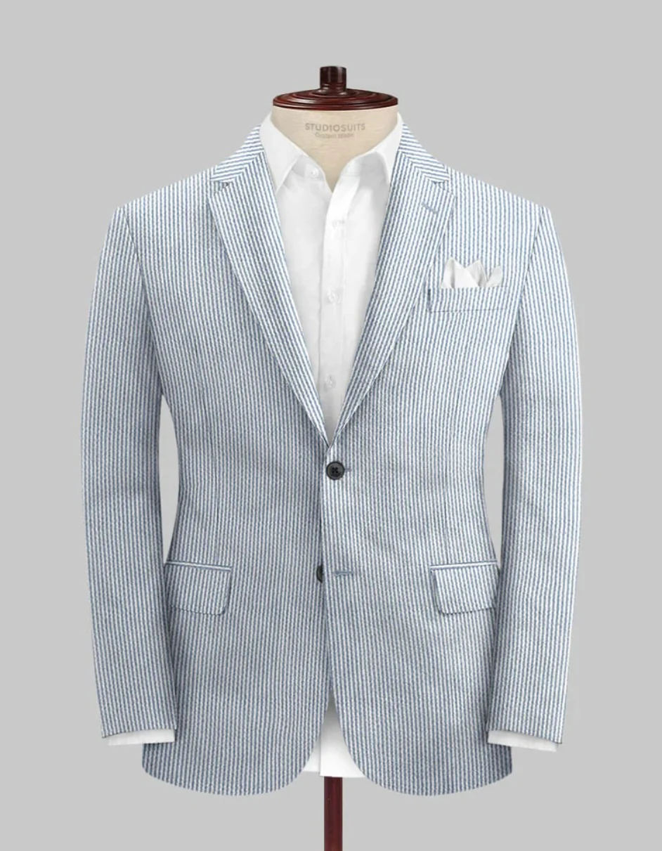 Blue Seersucker Suit - Two Button Notch Lapel Modern Fit Jacket and Pants - Image 2