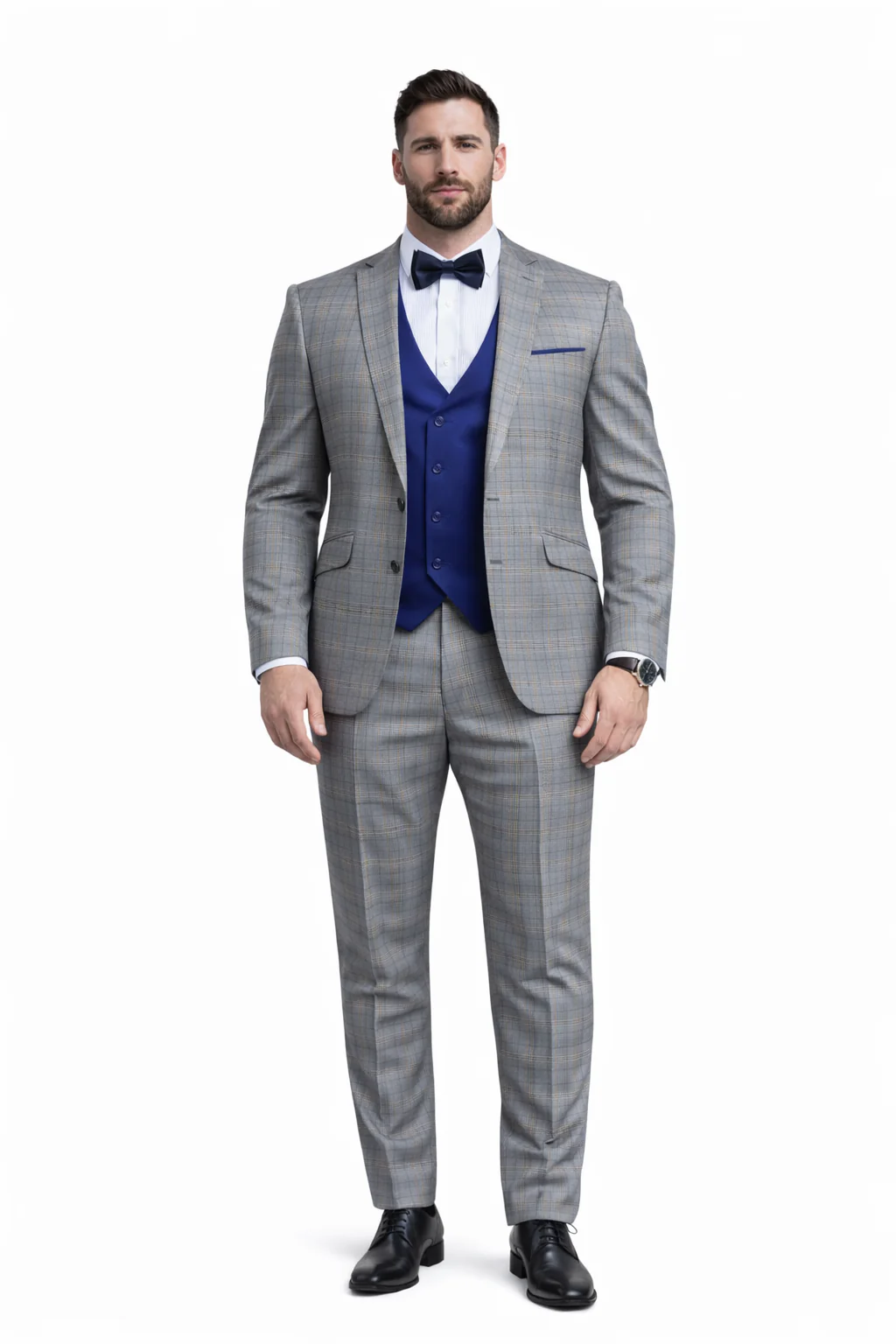 Blue Slim Fit Tuxedo 4 Piece Glen Plaid with Bow Tie - Image 6