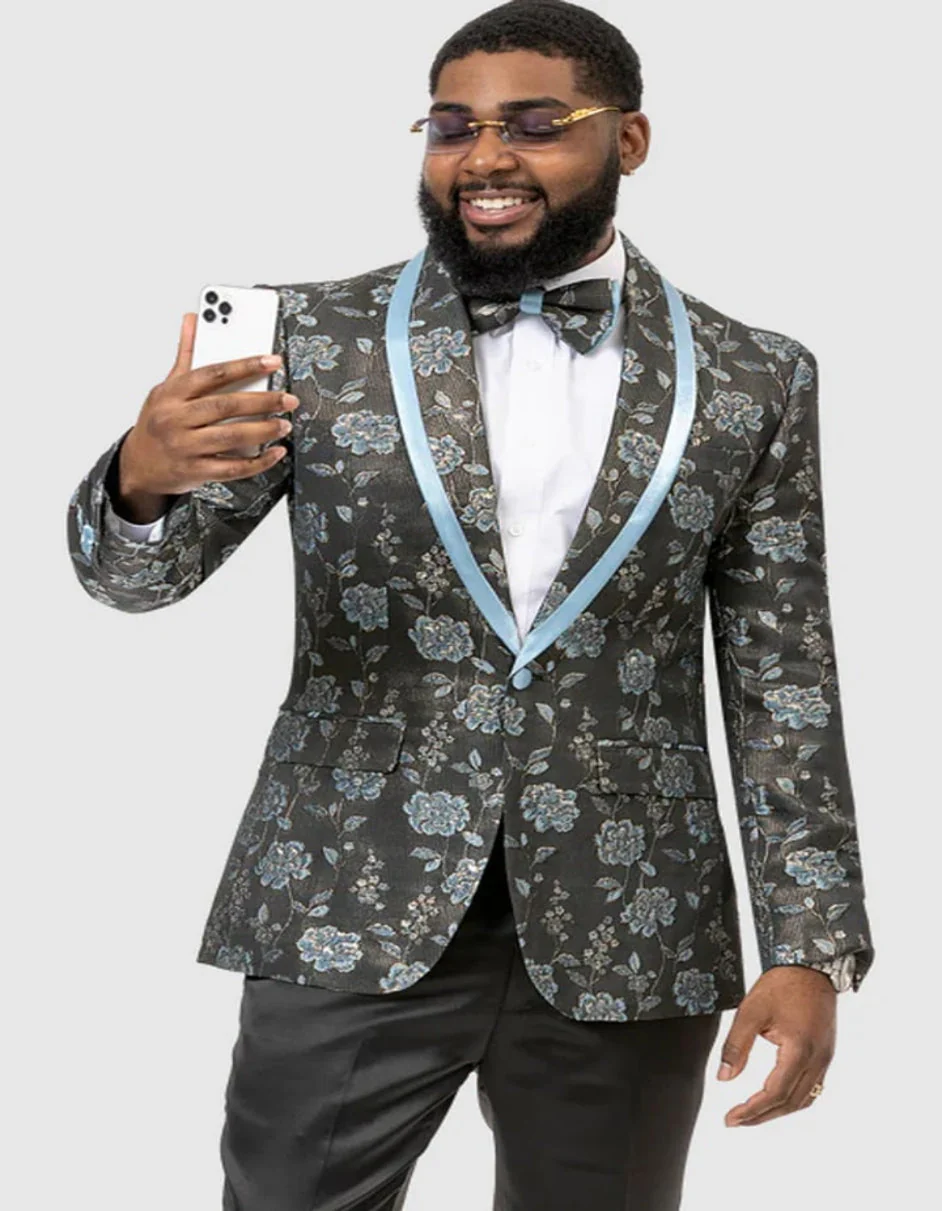 Blue Wedding Tuxedo - Mens Black & Blue Paisley Floral Prom Sky Blue Tuxedo Dinner Jacket