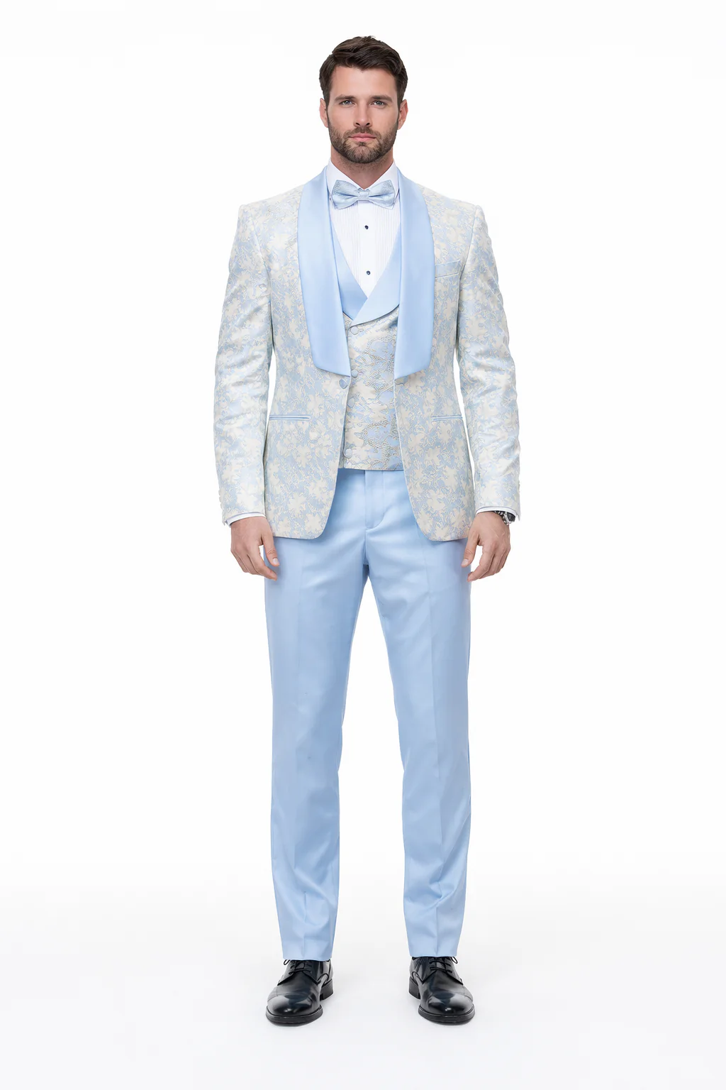 Blue Wedding Tuxedo - Men's Designer Vested Wedding & Prom Sky Blue and Gold Floral Paisley Tuxedo