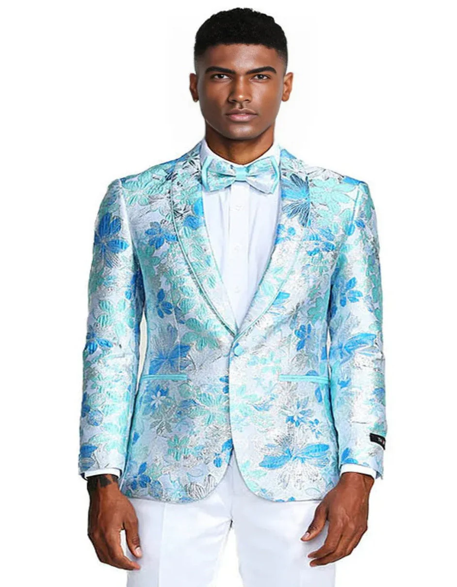 Blue Wedding Tuxedo - Men's Slim Fit Paisley Prom Sky Blue and Silver Tuxedo - Image 2