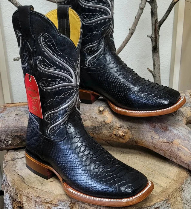 Botas de Piton Grabado Horma Rodeo Cuadrada Color Negro - Image 2
