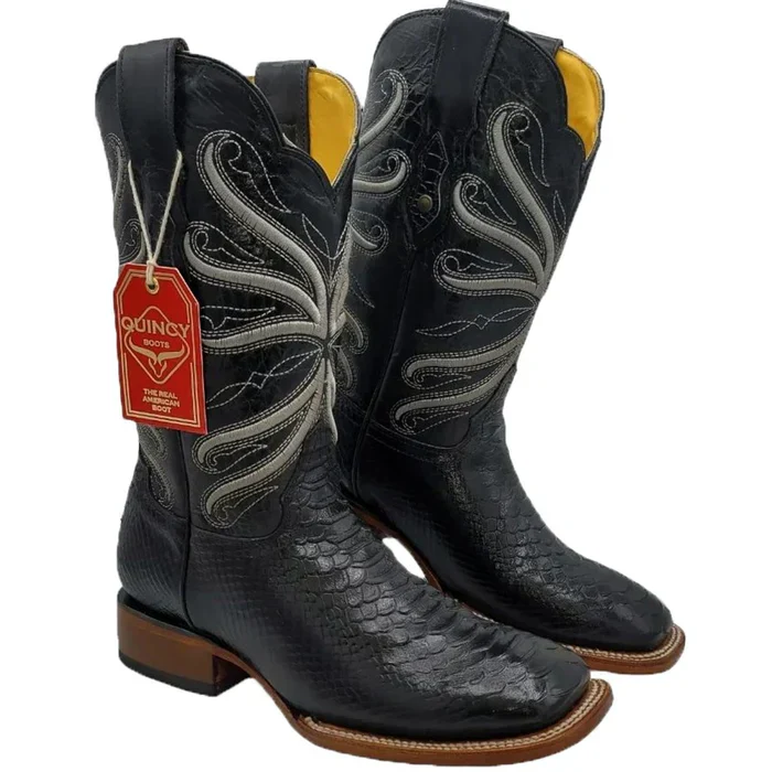 Botas de Piton Grabado Horma Rodeo Cuadrada Color Negro - Image 4