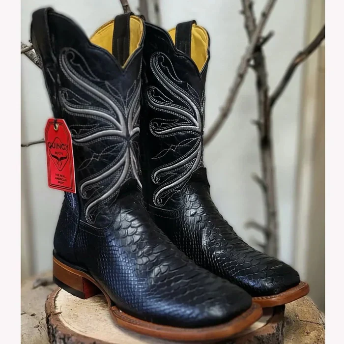 Botas de Piton Grabado Horma Rodeo Cuadrada Color Negro - Image 5
