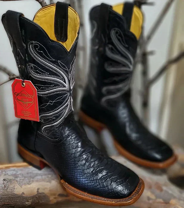 Botas de Piton Grabado Horma Rodeo Cuadrada Color Negro - Image 7