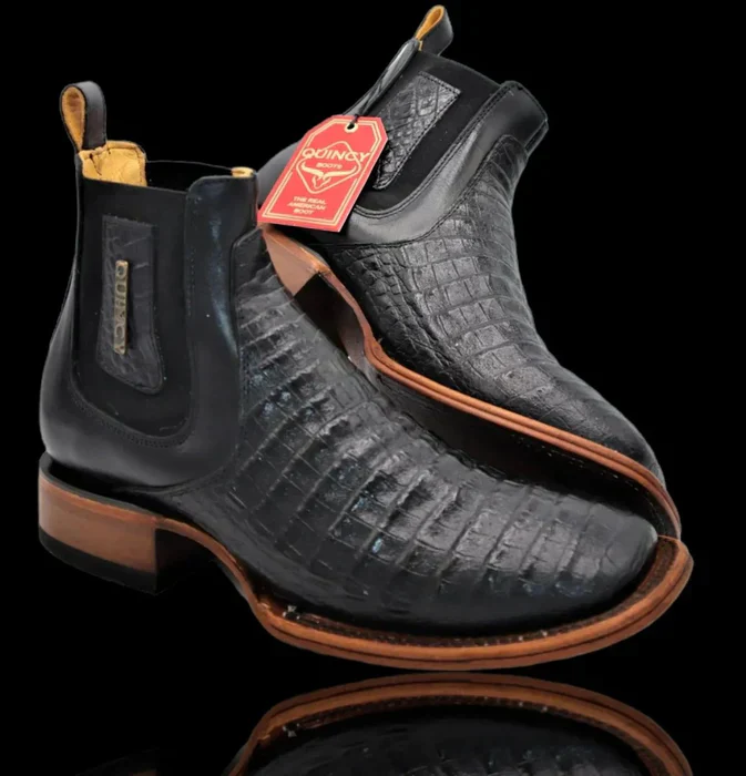 Botin de Cocodrilo Grabado Nuca con Punta Cuadrada Color Negro - Image 2
