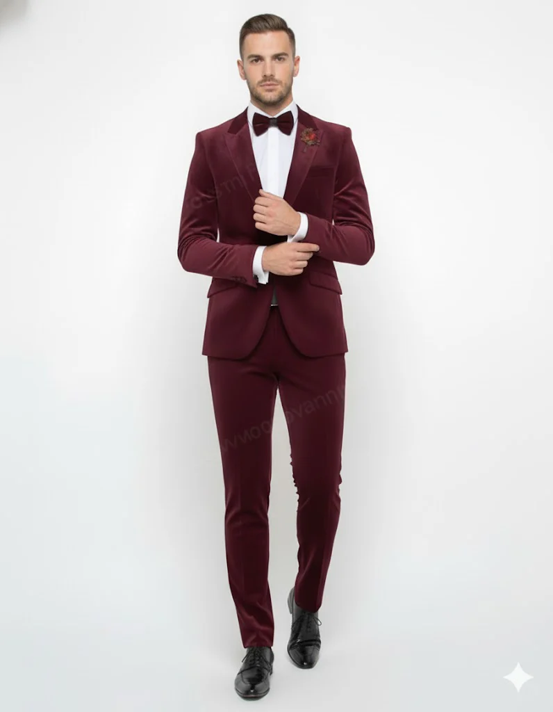 Burgundy Modern Stylish Ensemble Velvet Suit - Image 3