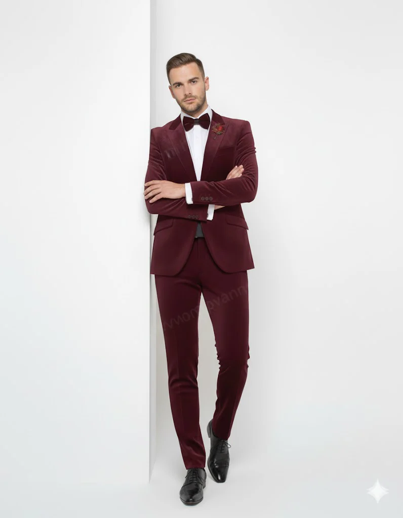 Burgundy Modern Stylish Ensemble Velvet Suit - Image 5