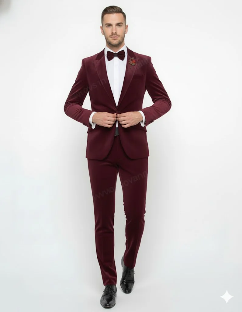 Burgundy Modern Stylish Ensemble Velvet Suit - Image 6