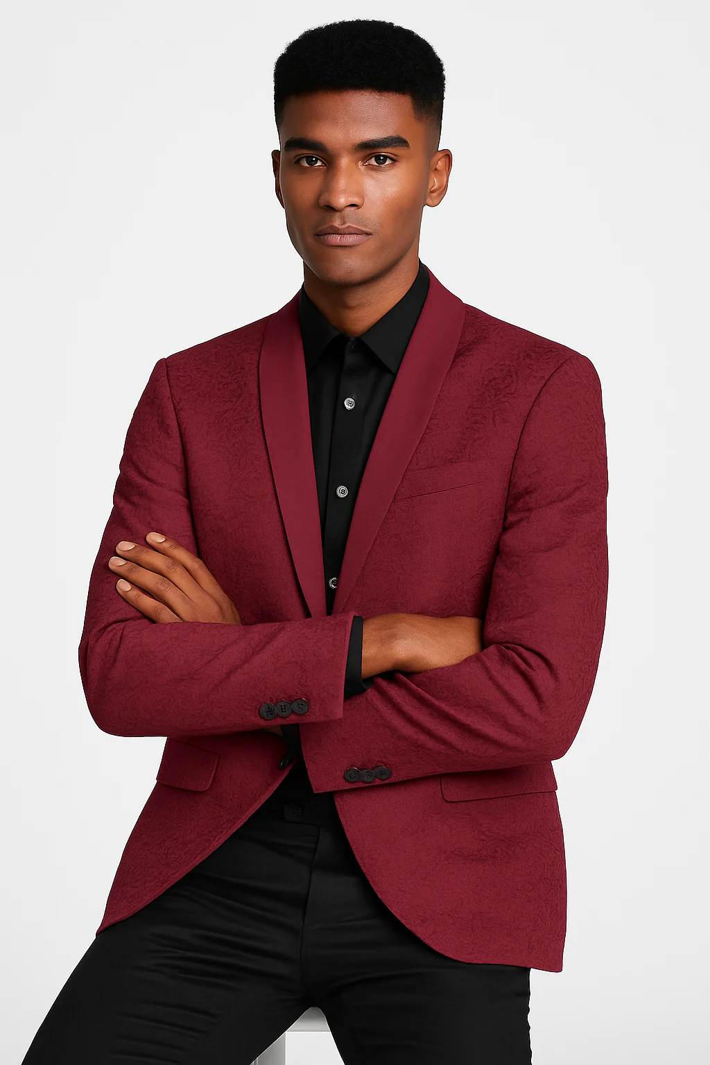 Burgundy paisley slim fit tuxedo jacket – men's wedding & prom blazer with satin shawl lapel - Image 4