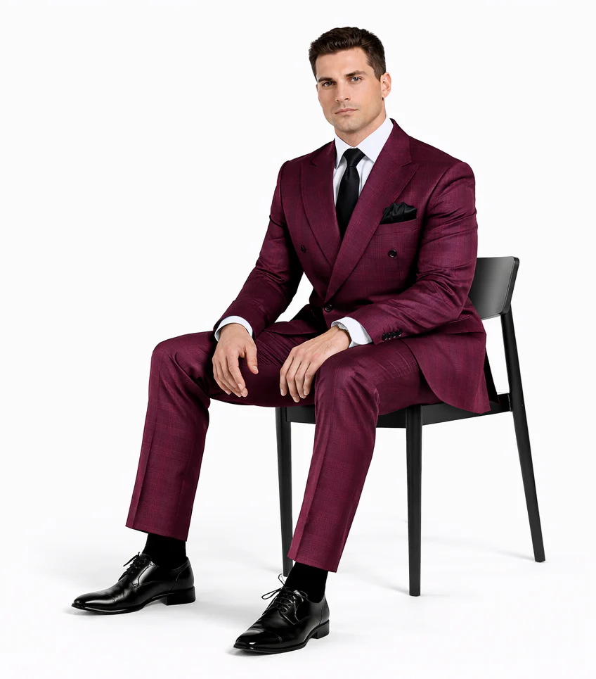 Burgundy Plaid Suit for Men – Rossiman Double-Breasted Windowpane Two-Piece - Image 4