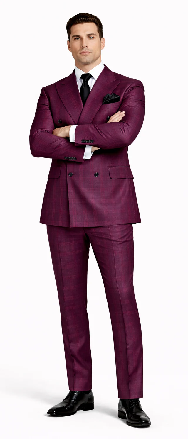 Burgundy Plaid Suit for Men – Rossiman Double-Breasted Windowpane Two-Piece - Image 5