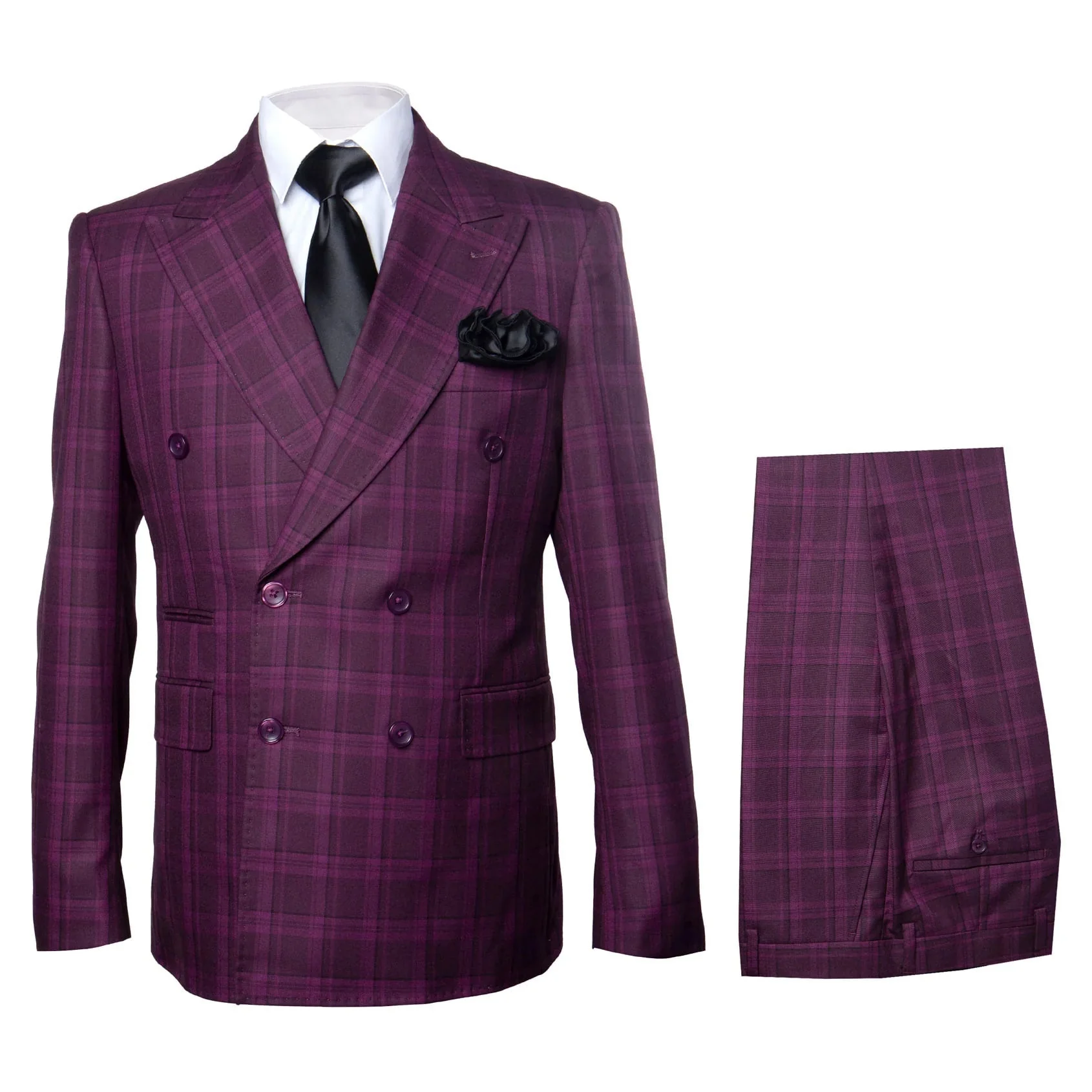 Burgundy Plaid Suit for Men – Rossiman Double-Breasted Windowpane Two-Piece - Image 9
