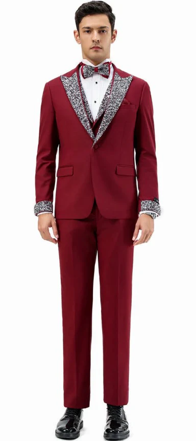 Burgundy Prom Tuxedo - Perfect Wedding Suit Vested Rhinestone sequin Lapelled - Image 2