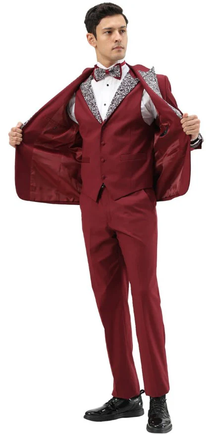 Burgundy Prom Tuxedo - Perfect Wedding Suit Vested Rhinestone sequin Lapelled - Image 3